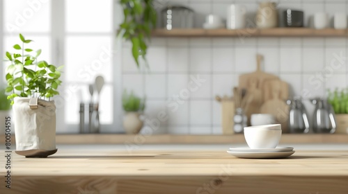 Blurred backdrop, modern hardwood kitchen panorama. Kitchenware and table. Scandinavian bohemian decor photo