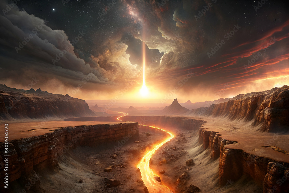 Fototapeta premium Edge of Colossal Crater with Pathway Leading to Unknown Shimmering Light Source