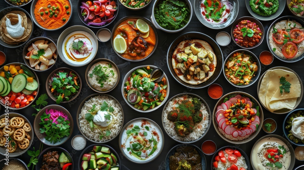 Detailed top view of an array of simple vegan dishes, captured in high resolution, perfect for culinary menu illustrations, against an isolated backdrop Detailed top view of an array of simple vegan dishes, captured in high resolution, perfect for culinary menu illustrations, against an isolated backdrop