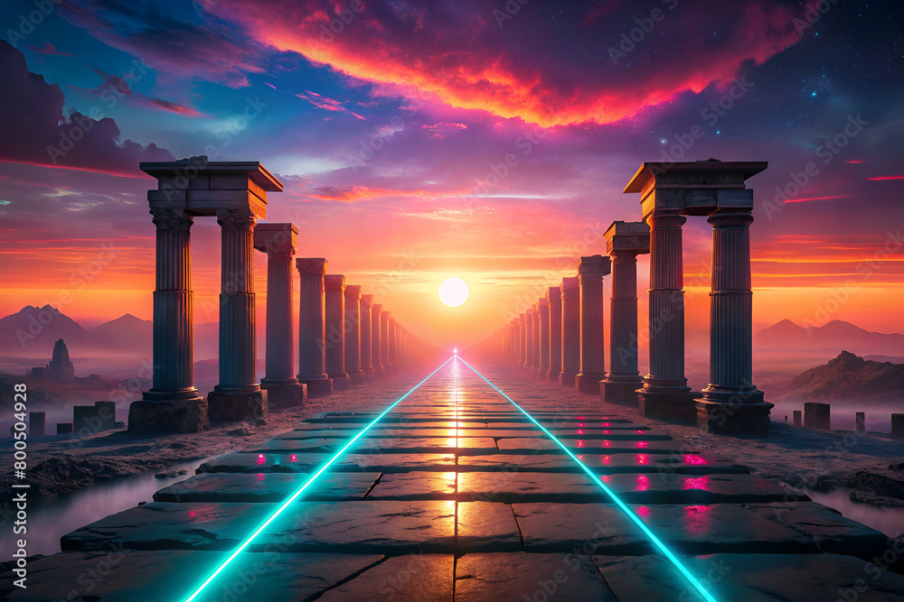 Fototapeta premium Leading Lines from Ancient Ruins with Futuristic Technology Under Sunset of Impossible Colors