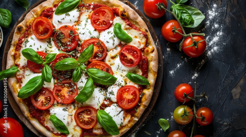 Gourmet image from above of a Caprese pizza, capturing vibrant fresh tomatoes and creamy mozzarella on an immaculate isolated backdrop Gourmet image from above of a Caprese pizza, capturing vibrant fresh tomatoes and creamy mozzarella on an immaculate isolated backdrop