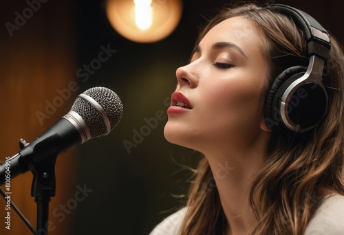 A female singer records music in a studio, her passion for art captured in the moment.