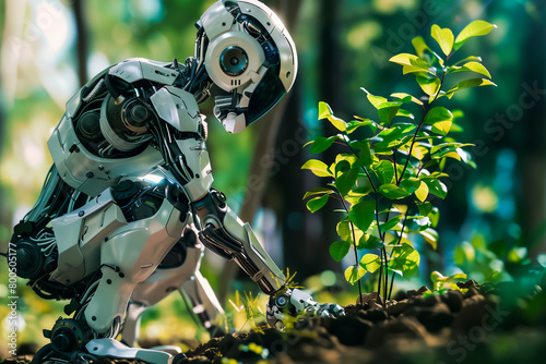 Robot humanoid planting tree seedling in ground in forest. Anti deforestation concept in future. Technology and nature concept. Technology for eco