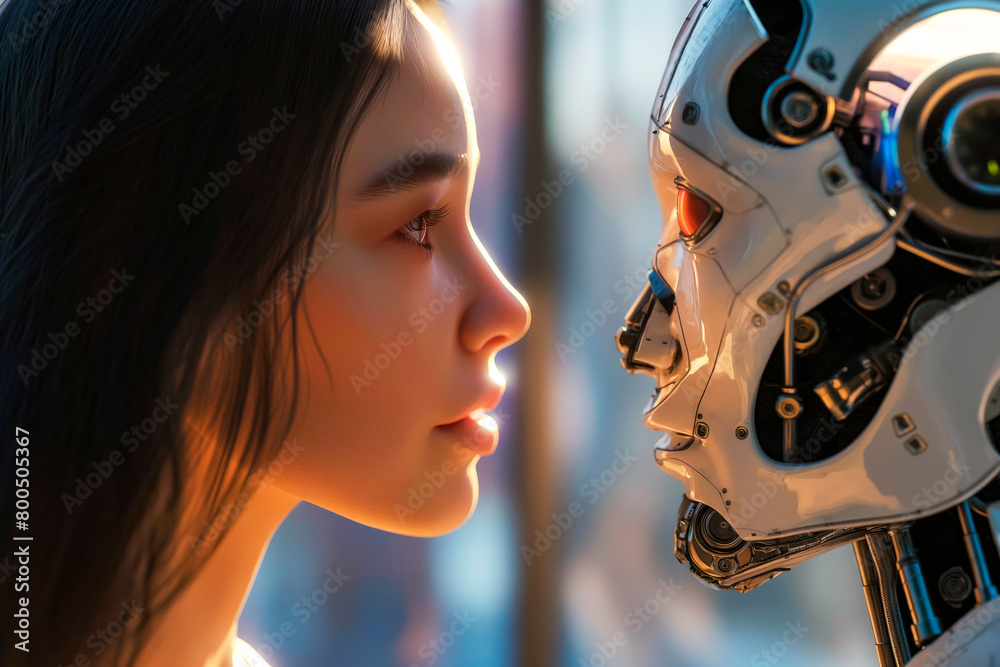 AI robot and the woman look into each other's eyes. Human-robot interaction.. automation and technology concept AI robot and the woman look into each other's eyes. Human-robot interaction.. automation and technology concept