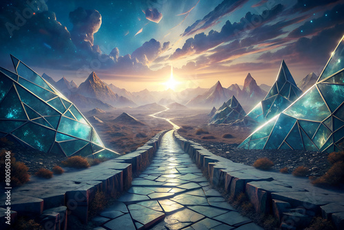 Winding Path Through Landscape of Shattered Glass Mountains Under Distant Dying Star