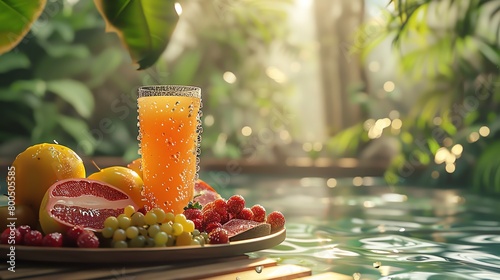 A still life of a glass of orange juice and a plate of fruit on a wooden table near the pool.