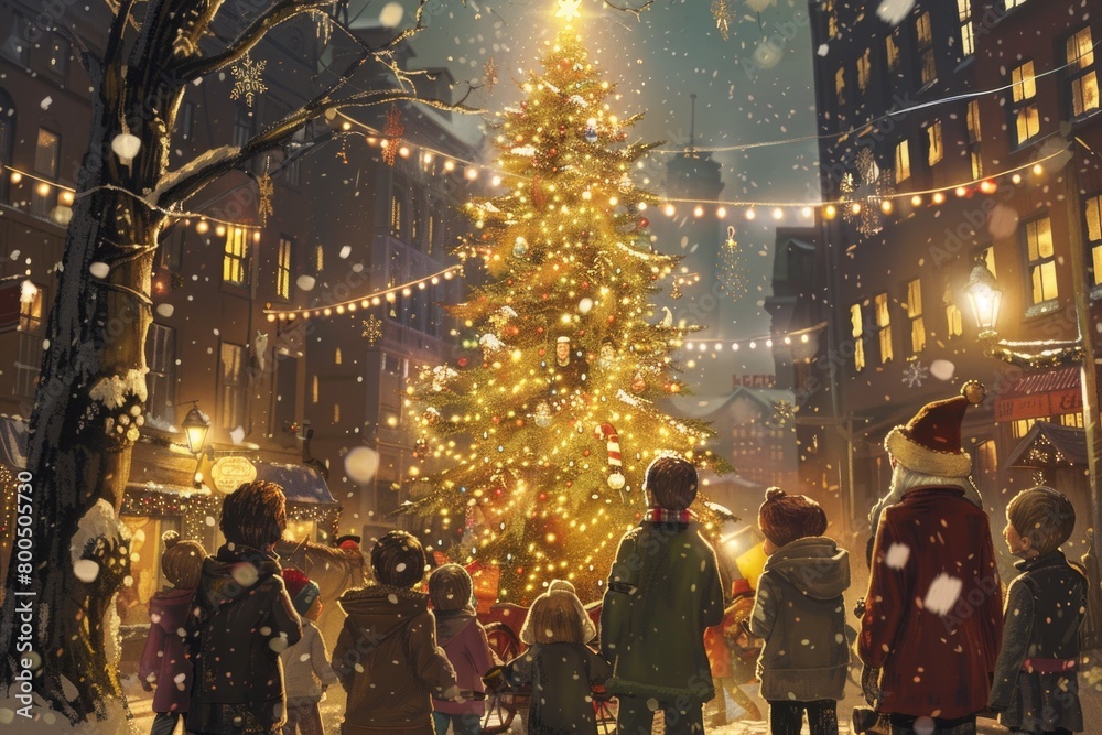 Festive Christmas scene in a town square with children awaiting Santa Claus near a towering tree