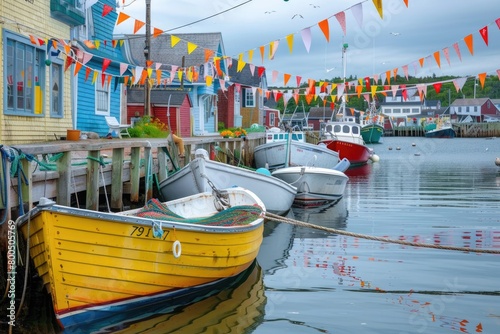 Fishermen's Festival in a coastal village with colorful boats and sunset over the harbor photo