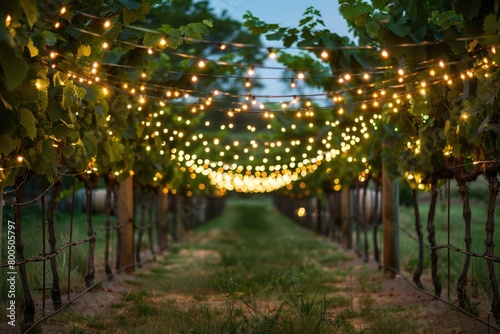 Wine Harvest Festival in a sun-drenched vineyard with grapevines, twinkling lights, and aged barrels © P