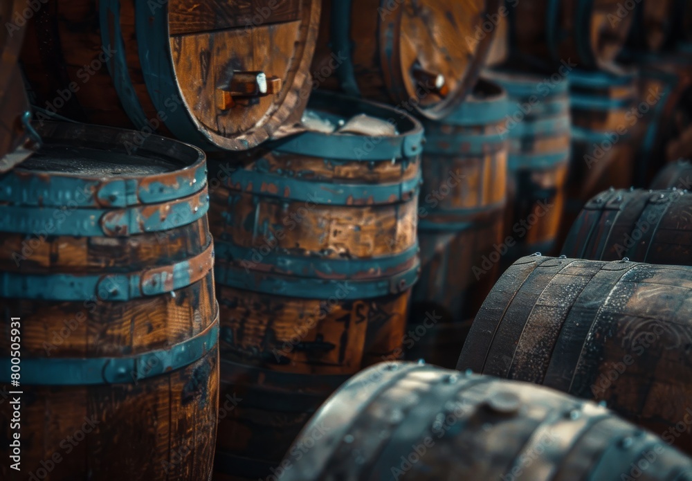 At the German winery, stacked wine casks and old vintage whisky casks evoke nostalgia At the German winery, stacked wine casks and old vintage whisky casks evoke nostalgia