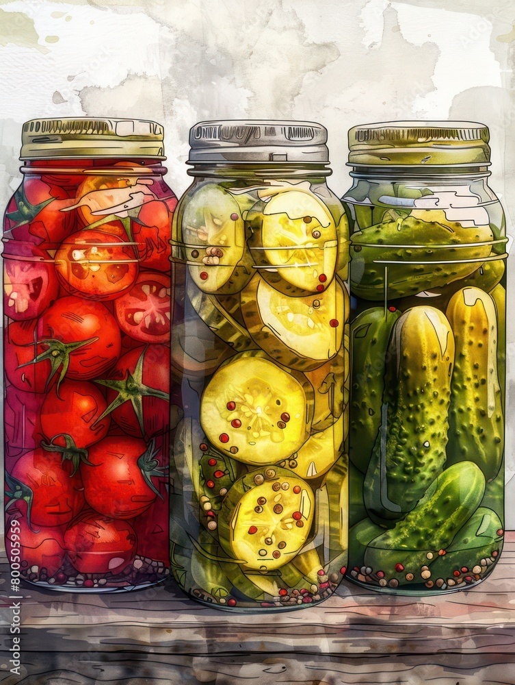 pickles assortment illustration on glass jars pickles assortment illustration on glass jars