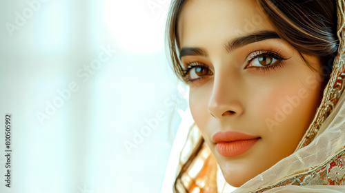 Portrait of Pakistani beautiful woman on white background.