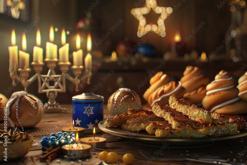 Hanukkah celebration with menorah, dreidels, and traditional foods on a warm wooden background