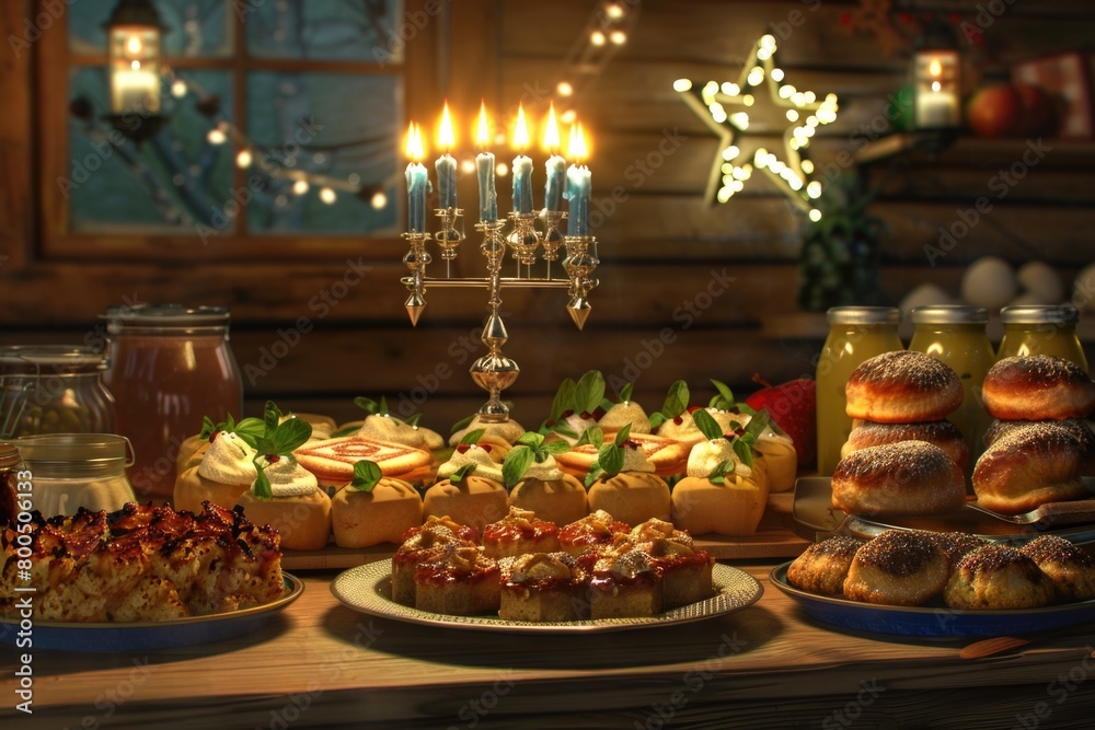 Hanukkah celebration with menorah, dreidels, and traditional foods on a warm wooden background