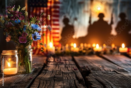 Memorial Day tribute with flags, fresh flowers, and soldier silhouettes against a rustic wooden backdrop
