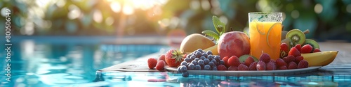 A beautiful still life of a plate of fruit and a glass of juice on the edge of a swimming pool with a blurred background of palm trees.
