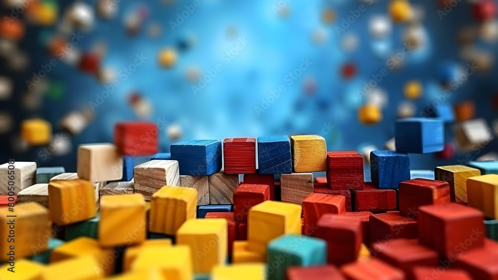 Obraz premium Creative Arrangement of Colorful Wooden Blocks on a Wide Background for Design Concepts. Concept Product Design, Colorful Props, Wooden Blocks, Creative Arrangement, Background Concepts