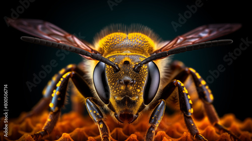 "Intense macro of a bee with translucent wings against a dark background, highlighting intricate details.