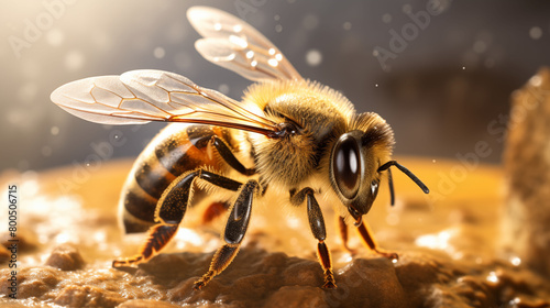 Dynamic close-up of a honeybee in flight with detailed wings and eyes, against a golden backdrop. © Liana