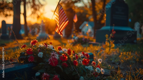 poignant tribute to an American hero as the flag waves proudly above a grave adorned with a bouquet of flowers, each petal a symbol of gratitude and remembrance. 