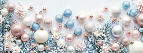 Festive Christmas wreath featuring an array of blue and pink baubles and frosted pine cones.