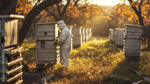 Person in beekeeping suit tending to beehives in a sunny autumn orchard.
