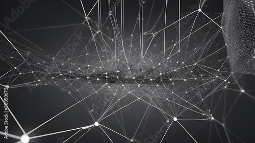 An abstract illustration of data flowing through a network of nodes, digital background with binary code and AI algorithms running in the background. Black and white themed
