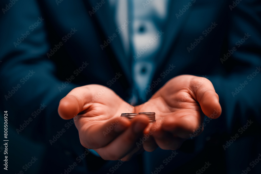 A man's hand in a suit shows a figure, an element on a gray background. Request, bankruptcy concept, close-up