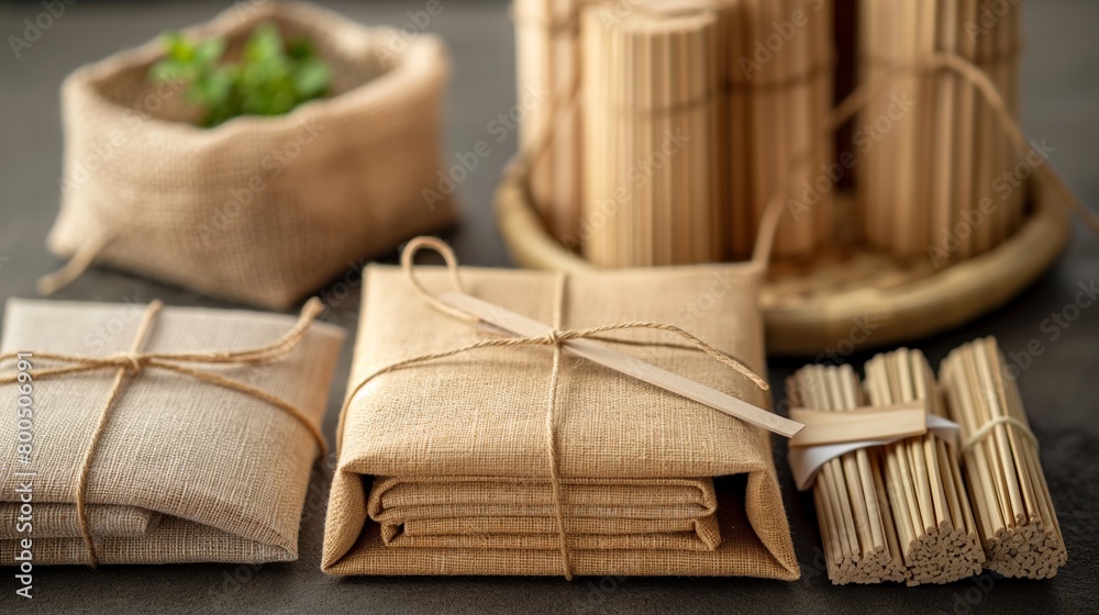 Traditional bamboo packages tied with natural fiber, showcasing sustainable packaging. Traditional bamboo packages tied with natural fiber, showcasing sustainable packaging.