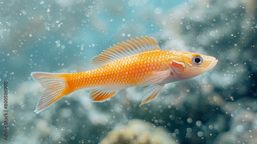 A goldfish in an aquarium, closely framed, with water droplets beading on its bottom half A goldfish in an aquarium, closely framed, with water droplets beading on its bottom half