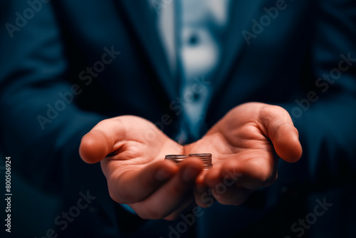 A man's hand in a suit shows a figure, an element on a gray background. Request, bankruptcy concept, close-up © olvius