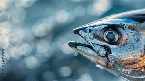Close-up macro shot of a fish head, focusing on its shiny scales and detailed eye. photo