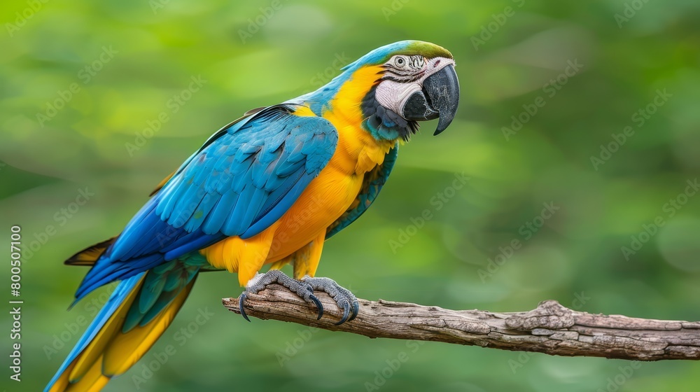 A blue-and-yellow parrot perches atop a tree branch against a forest backdrop filled with emerald leaves A blue-and-yellow parrot perches atop a tree branch against a forest backdrop filled with emerald leaves