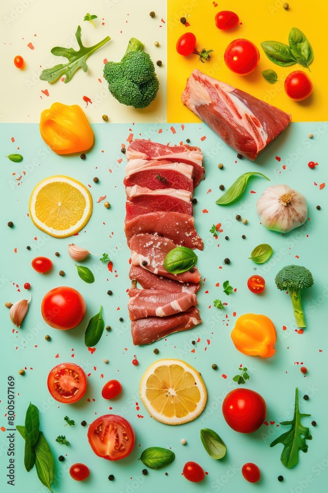 food assortment with vegetables and meat, minimal and professional setting food assortment with vegetables and meat, minimal and professional setting