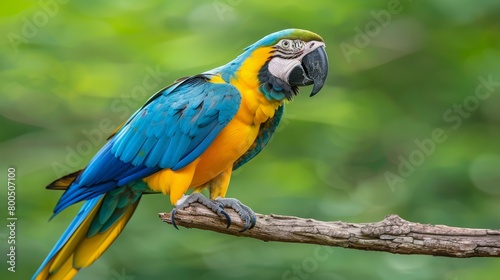  A blue-and-yellow parrot perches atop a tree branch against a forest backdrop filled with emerald leaves