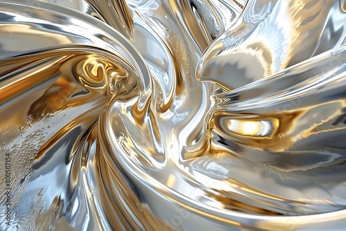 Swirling golden and silver textures resembling liquid metal flowing together