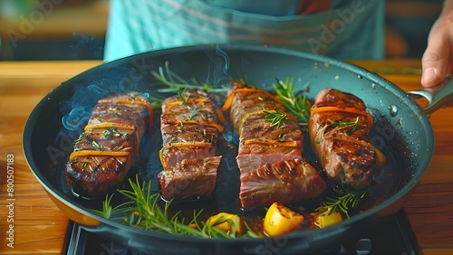 Intimate cinematic shot of a home chef grilling meat in a pan . Concept Food Photography, Cooking Scenes, Culinary Art, Kitchen Moments, Delicious Grilling
