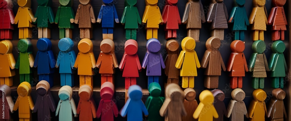 Obraz premium Colorful wooden towns represent values of diversity and inclusion, teamwork, and entrepreneurs of different races. Generative AI
