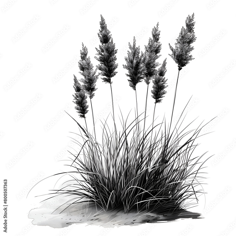 Fototapeta premium pampas grass in monochrome, displaying tall, slender stalks topped with feathery plumes on a white background