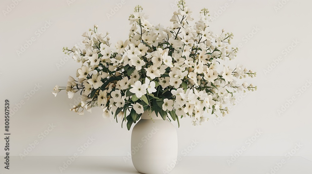 realism of artificial flowers in a stunning 8k photograph, showcasing their delicate petals and lush greenery in a chic vase against a white background.