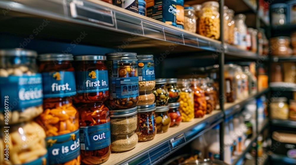 Well-organized shelf displaying assorted jars of preserved foods, showcasing practical and tidy storage solutions.