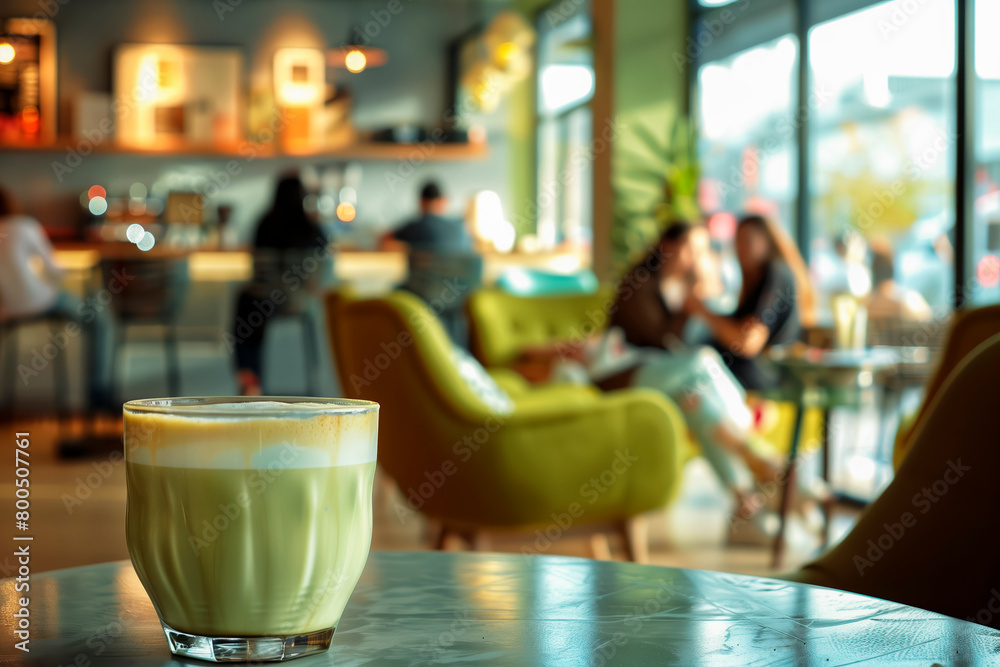 Image of a modern coffee bar with a cup of matcha latte in the foreground.