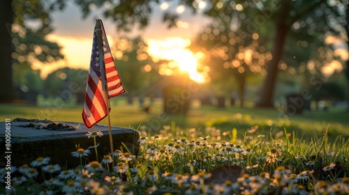 solemn beauty of an American flag draping over the grave of a fallen soldier, fluttering gently in the breeze against the backdrop of a serene cemetery.