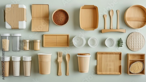 Assorted eco-friendly packaging and utensils on a light background.