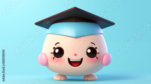 Smiling animated character with graduation cap on a pastel blue background.