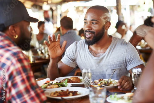 Happy diverse friends laughing at funny joke gather at table share lunch meal