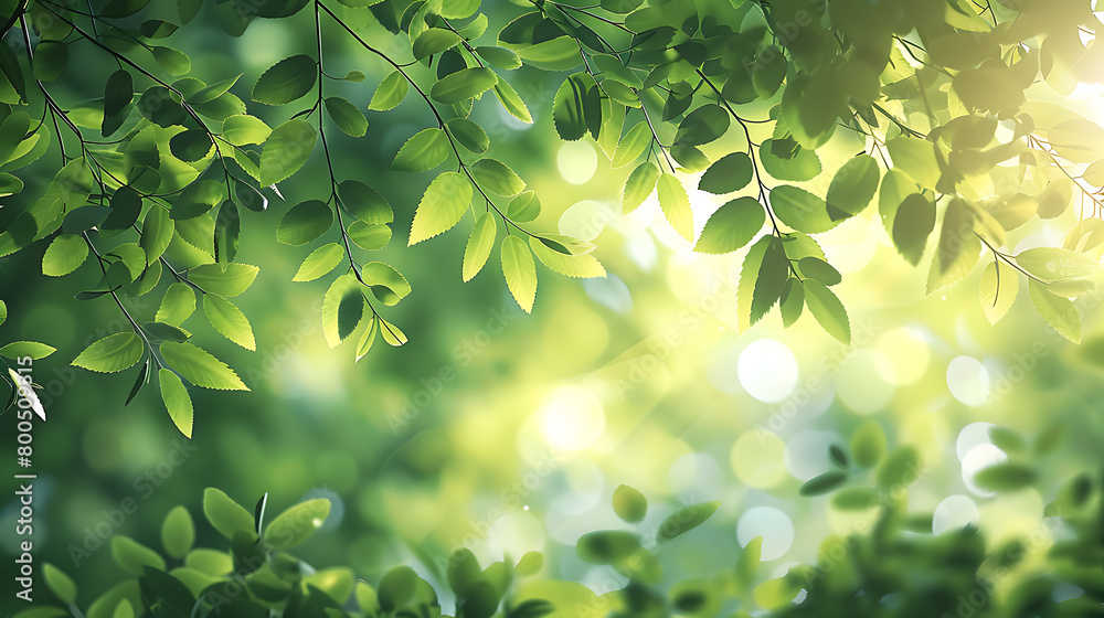 Fresh green leaves on blurred background with bokeh effect and sunlight Fresh green leaves on blurred background with bokeh effect and sunlight