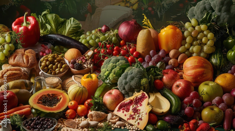 organic and healthy food background assembled like a still life painting