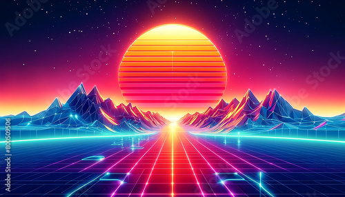 Retro background futuristic landscape 1980s style. Digital retro landscape cyber surface. 80s party background. Retro 80s fashion Science Fiction Background Summer Landscape.