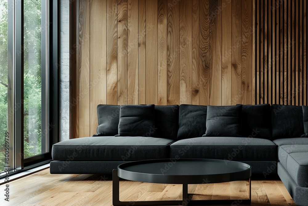 Fototapeta premium Modern minimalist living room, a sleek black coffee table sits adjacent to a corner sofa, set against a window and a wood-paneled wall